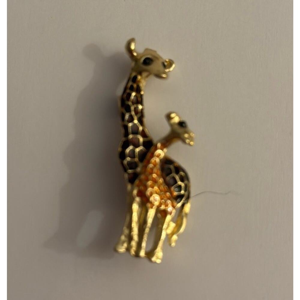 Gold Tone Mama Baby Giraffe Brooch Pin Black Orange Enamel Rhinestone NWT